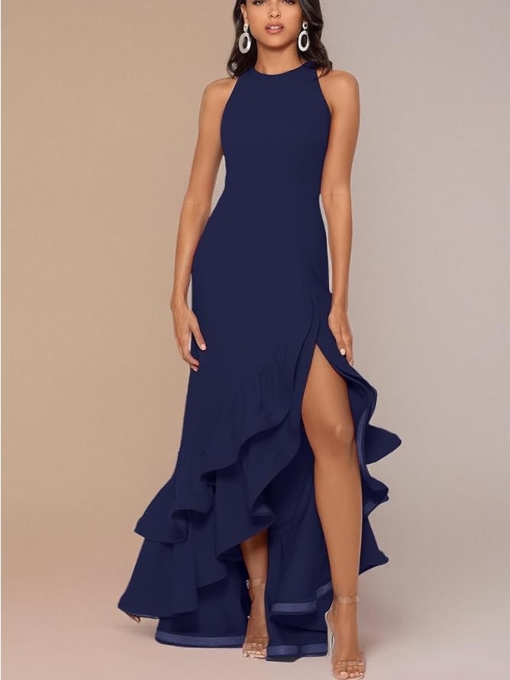 BETSY & ADAM ARIELLE Ruffle Tier SCUBA CREPE Evening Dress GOWN. Size 8P
#355